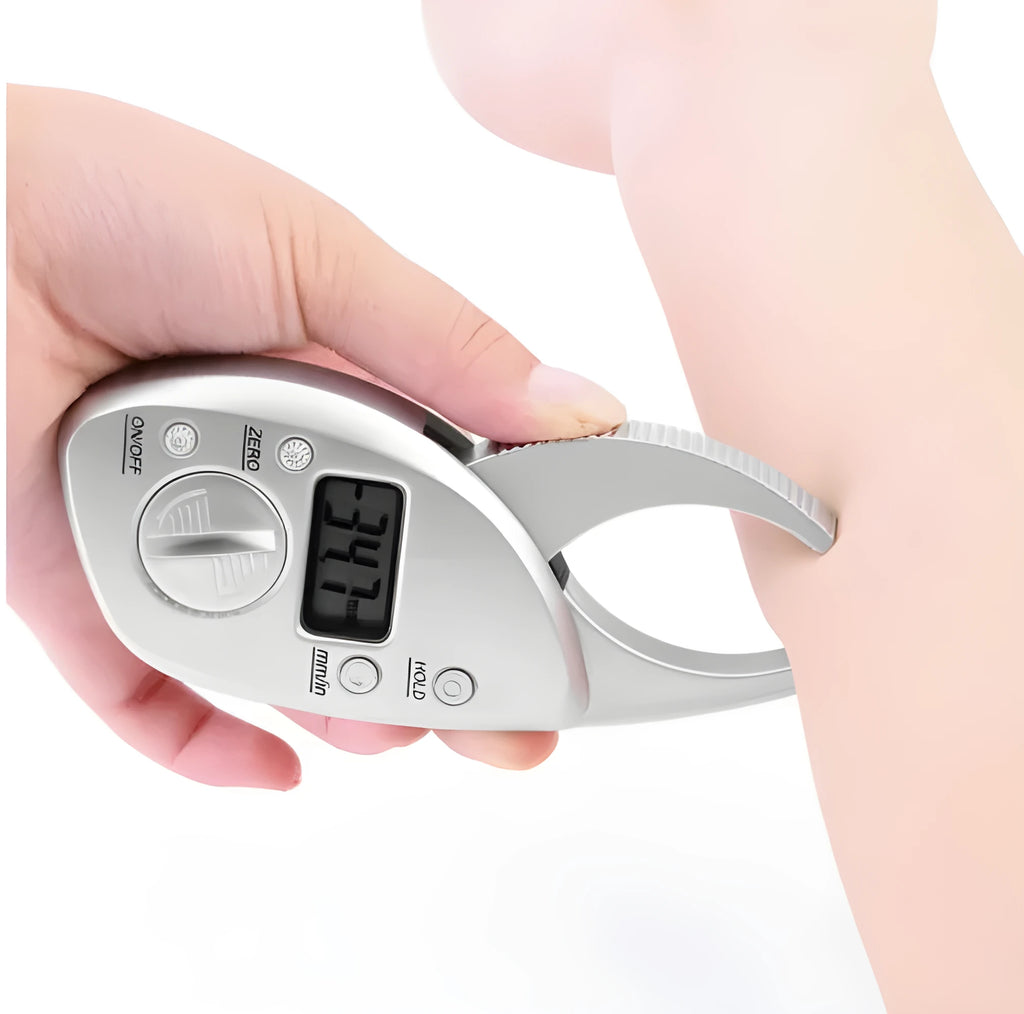 Digital body fat caliper with LCD display, anti-slip handle, and ABS plastic body on a white background