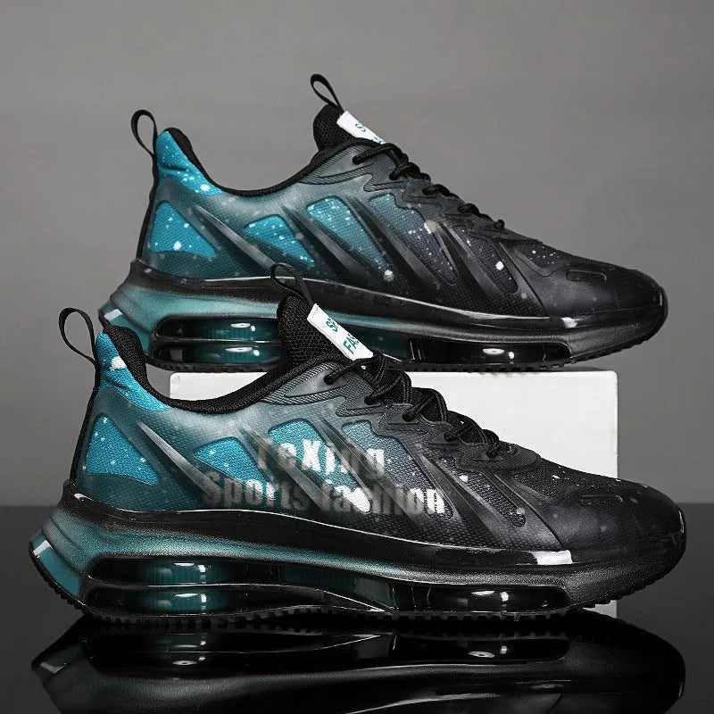 Men's black green mesh platform running shoes with rubber sole and lace-up front