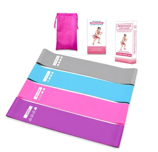 Set of four resistance bands in purple, pink, blue, and grey with non-slip inner surface and cloth bag