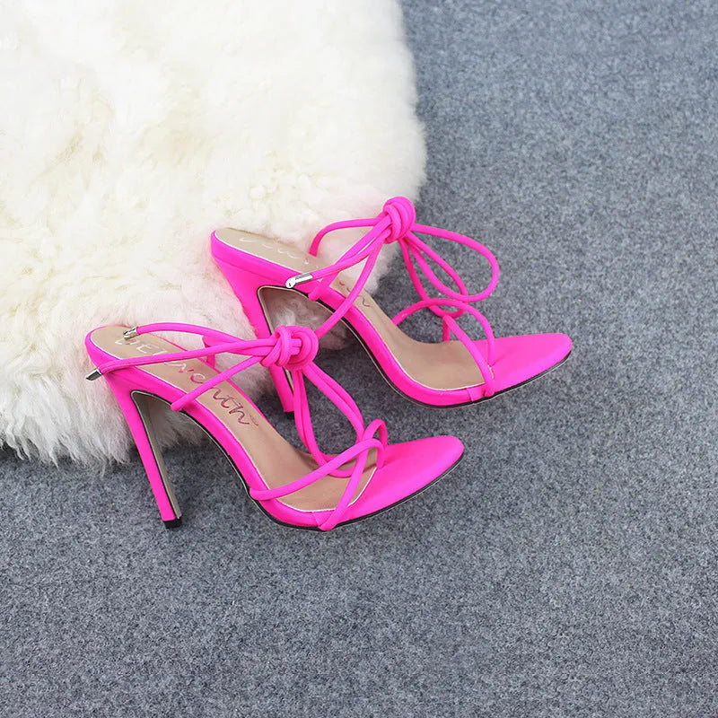 Candy Bright Toe Strap High Heels in rose red, showing microfiber upper, rubber sole, and toe strap design