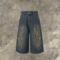 Men's black cropped denim shorts with flame embroidery patch on straight leg summer shorts