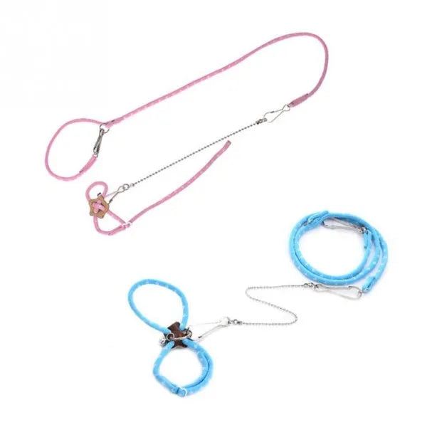 Pink hamster training traction rope with adjustable nylon straps and small bell on 60cm lead