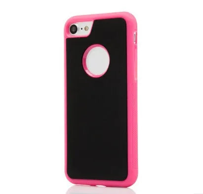 Anti Gravity Phone Case in black with self-adhesive back shown stuck to a glass surface