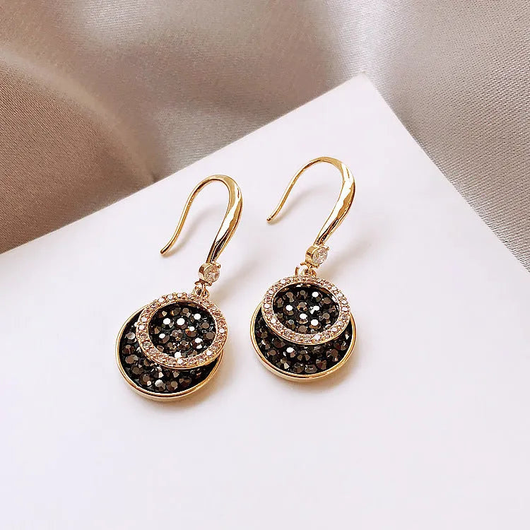 Black geometric round alloy earrings with retro Hong Kong style, measuring 3.6cm in length.