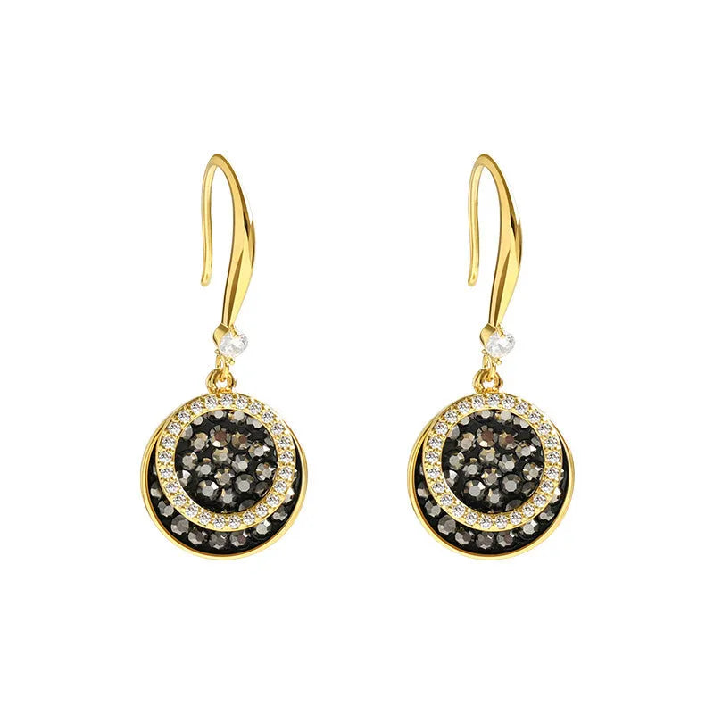 Black geometric round alloy earrings with retro Hong Kong style, measuring 3.6cm in length.