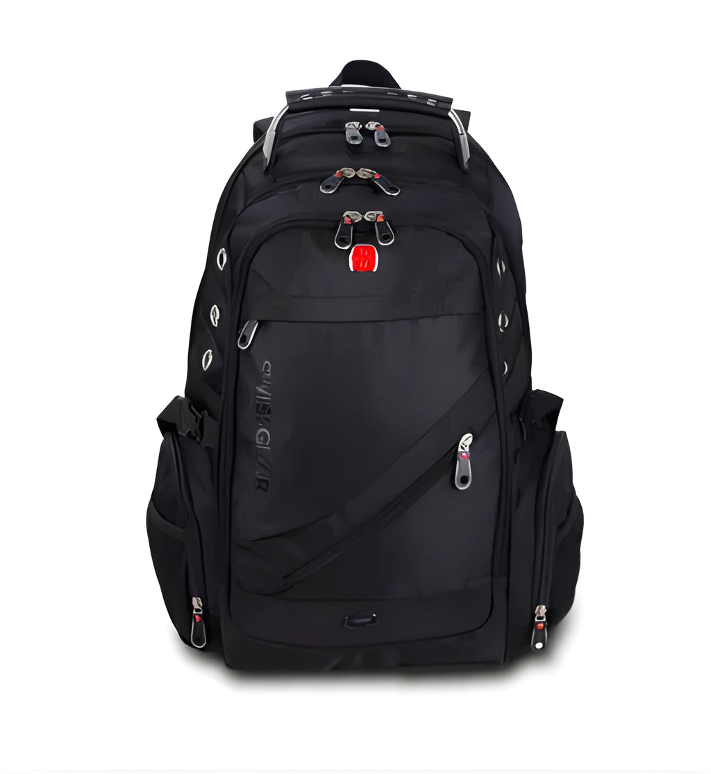 Black travel outdoor backpack with polyester waterproof finish, hard handle, metal details, and shoulder pad on a white background