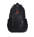 Black travel outdoor backpack with polyester waterproof finish, hard handle, metal details, and shoulder pad on a white background
