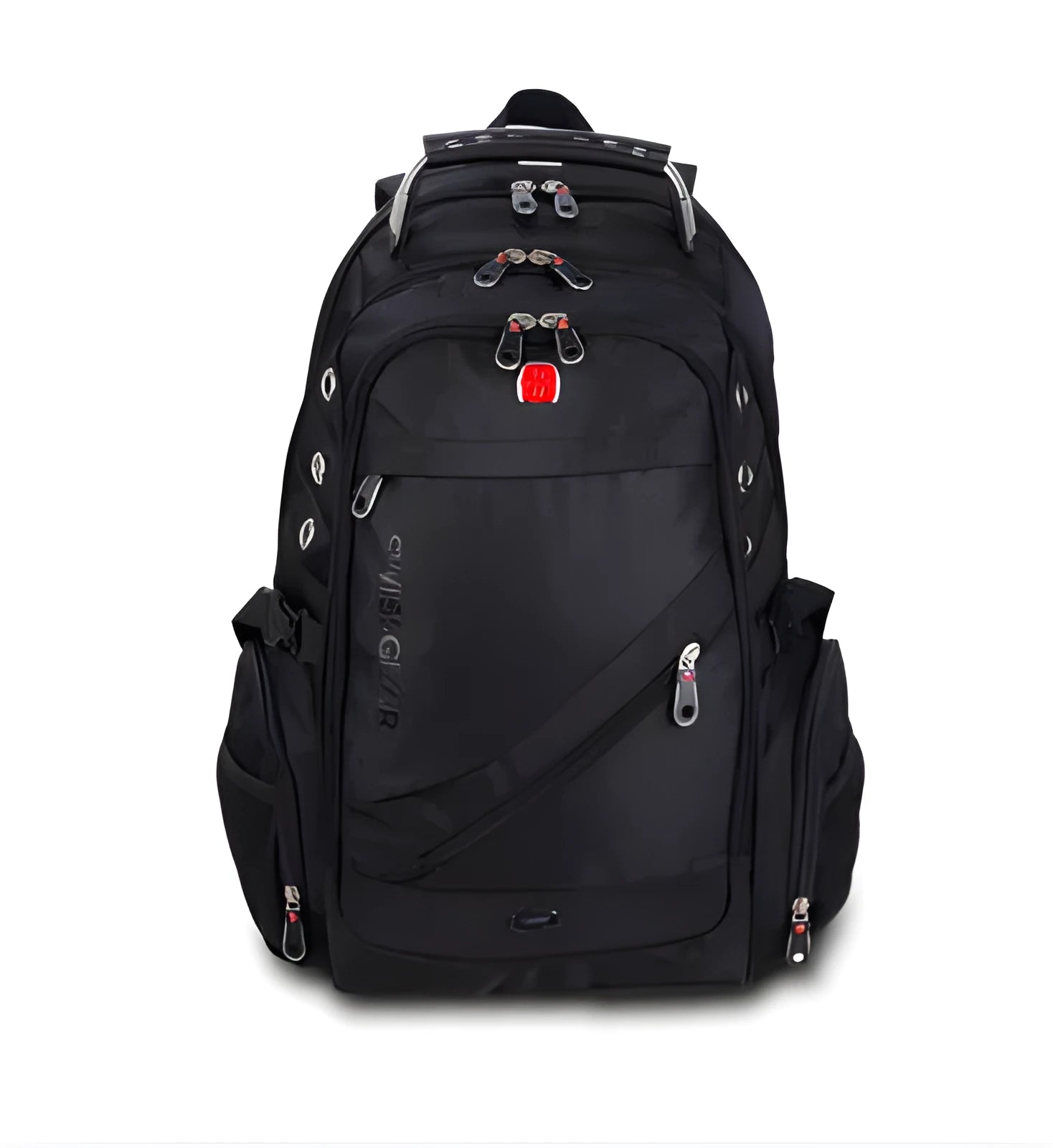 Black travel outdoor backpack with polyester waterproof finish, hard handle, metal details, and shoulder pad on a white background