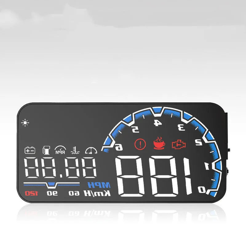 Car head-up display with 5.0-inch LED screen, OBDII compatible, black PC+ABS housing, 128x63x12mm size