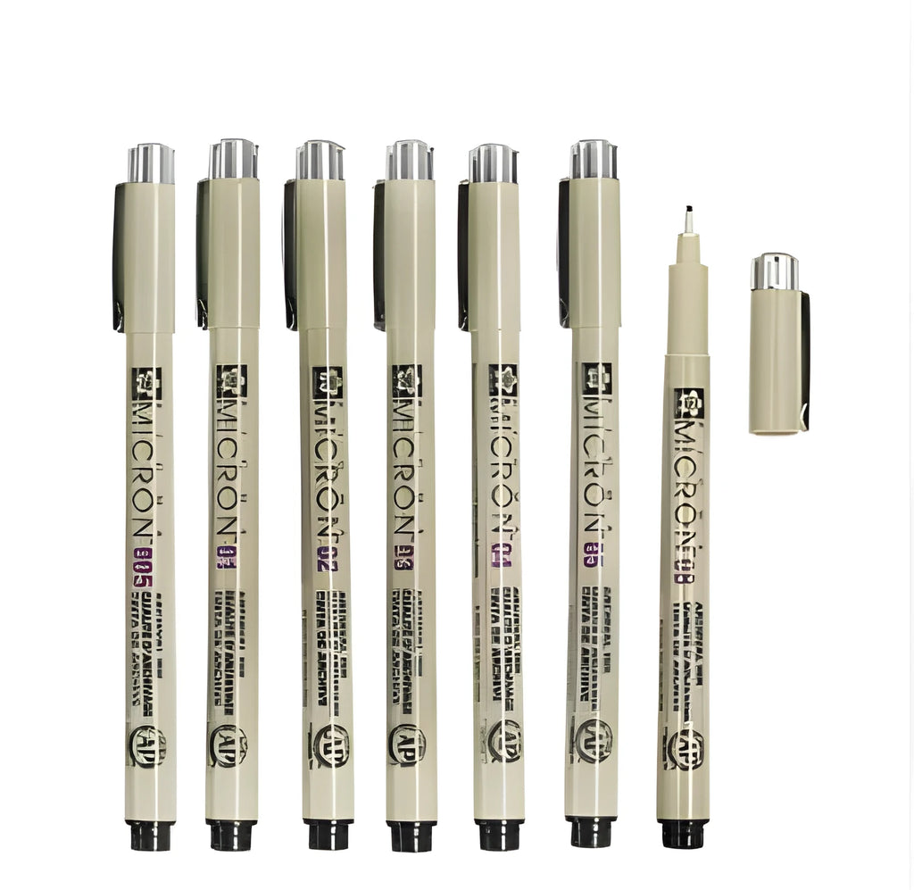 Pack of 7 Sakura Pigma Micron fine line drawing pens with assorted nib sizes from 0.2mm to 0.5mm and a pencil