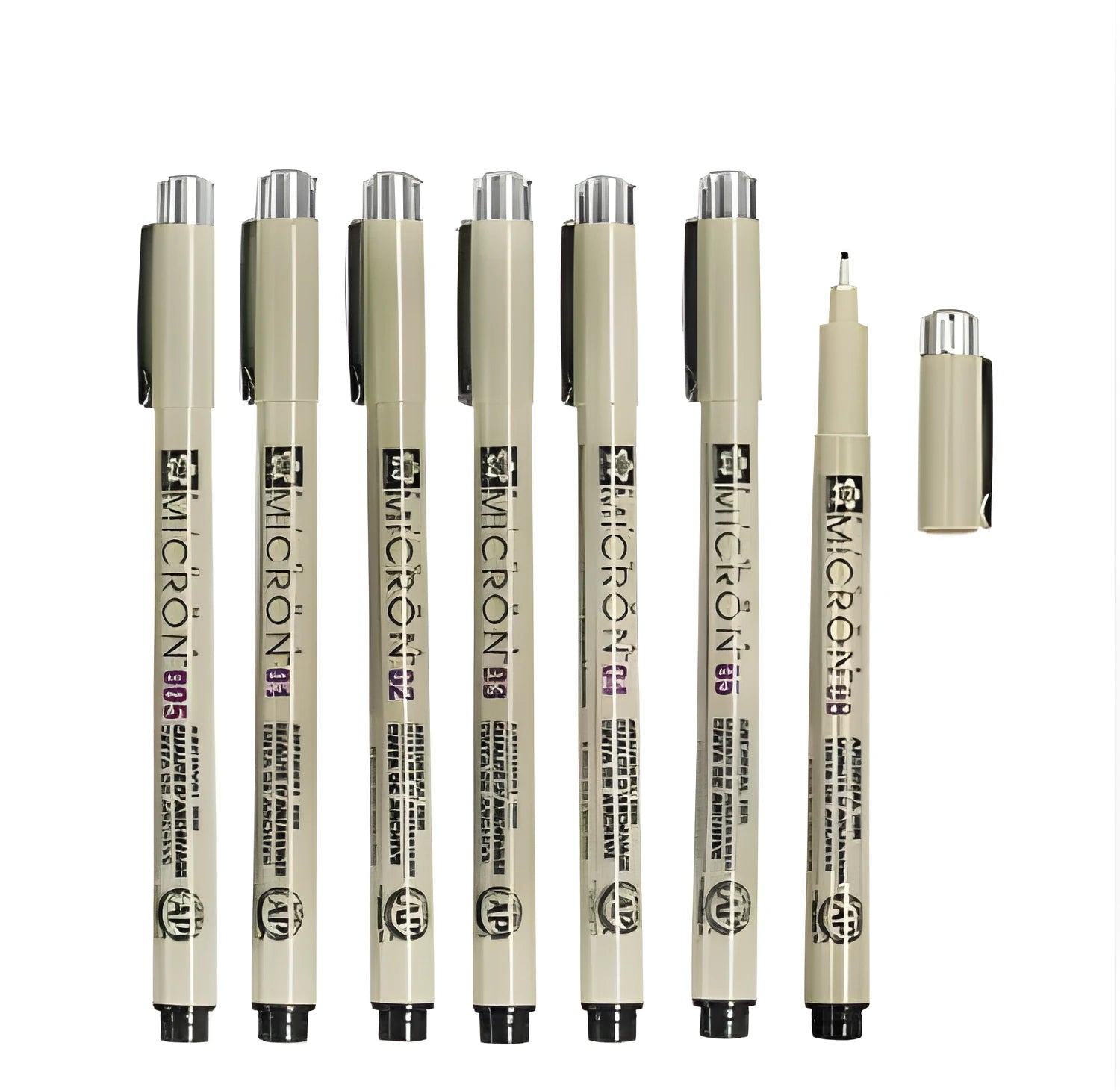 Pack of 7 Sakura Pigma Micron fine line drawing pens with assorted nib sizes from 0.2mm to 0.5mm and a pencil