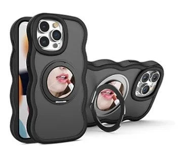 Magnetic suction phone case with mirror bracket in black for Apple iPhone 15 Pro Max