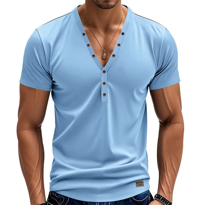 Men's loose V-neck pullover top with button detail in light blue colour