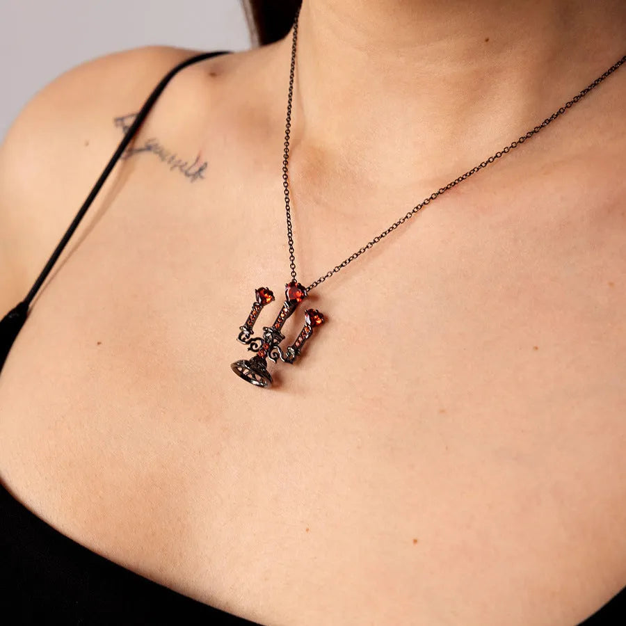 Gothic clavicle necklace with hollow candlestick pendant and cross chain in retro candlestick colour