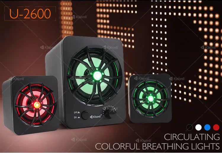 Green 2.1 USB computer speaker with glowing colourful LED lights showing USB and 3.5mm ports