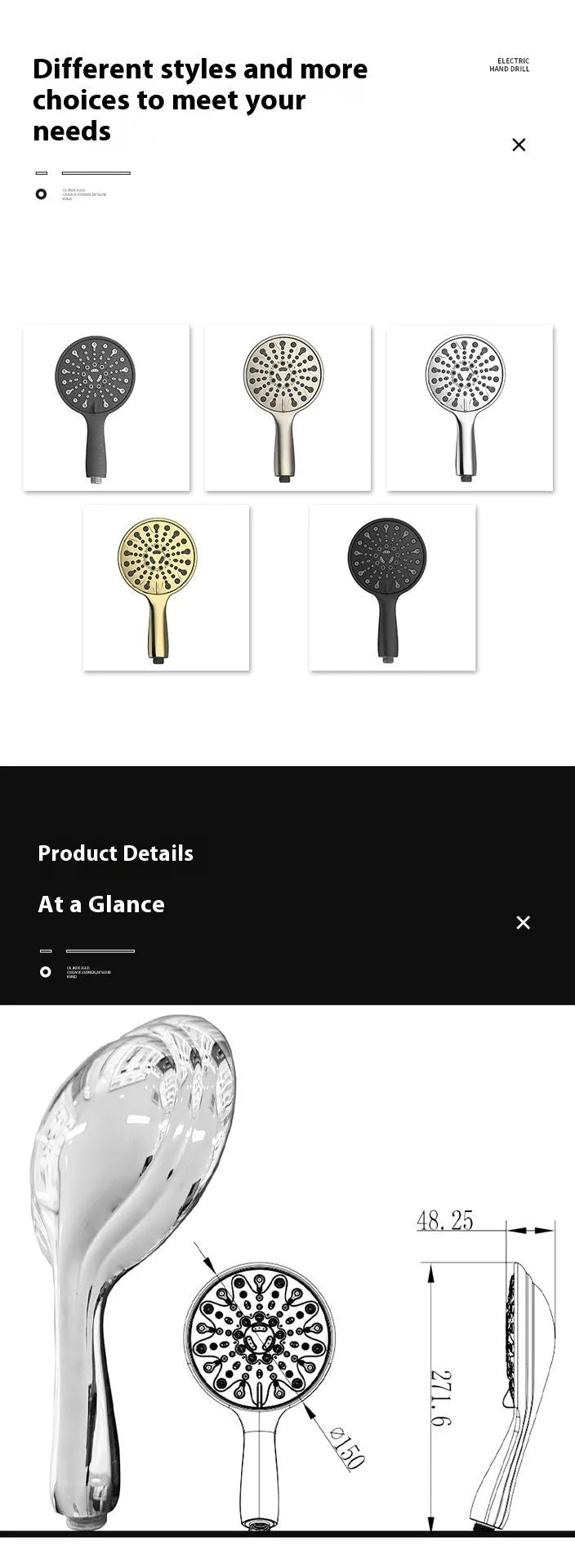 Six-function handheld shower head with 6-inch diameter and electroplated finish showing spray selector