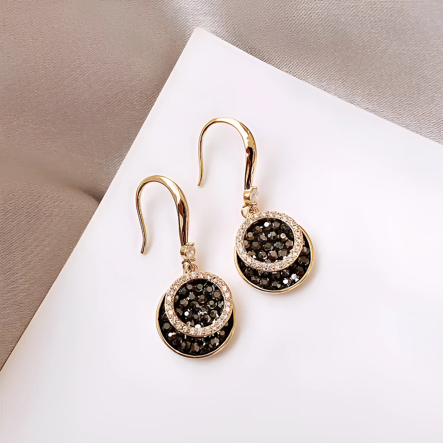Black geometric round alloy earrings with retro Hong Kong style, measuring 3.6cm in length.