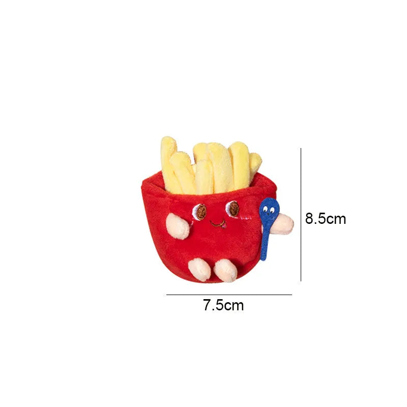 Set of five soft cat chew toys shaped like a hamburger, chicken leg, fries, bread, and hot dog for teething kittens.