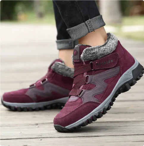 Mid-cut casual shoes with thick sole, cotton upper, round toe, wedge heel, in black, grey, and purple colours