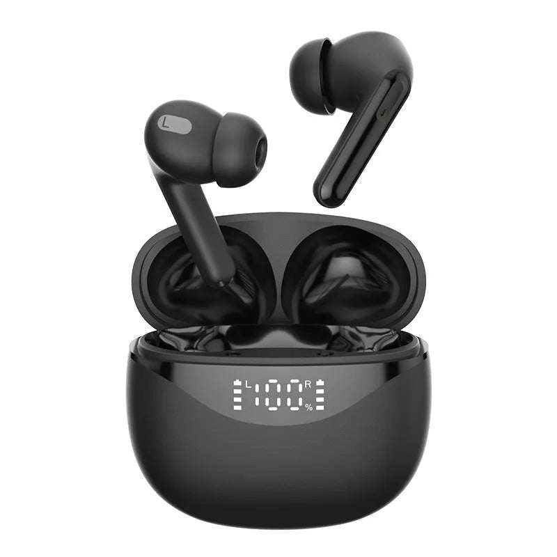 Wireless Bluetooth TWS noise reduction earbuds in black and white with compact charging case