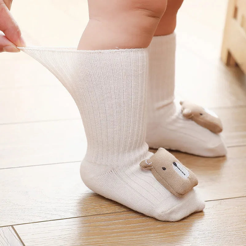 Baby non-slip socks with glue print sole in blue white bear colour, loose fit combed cotton middle tube