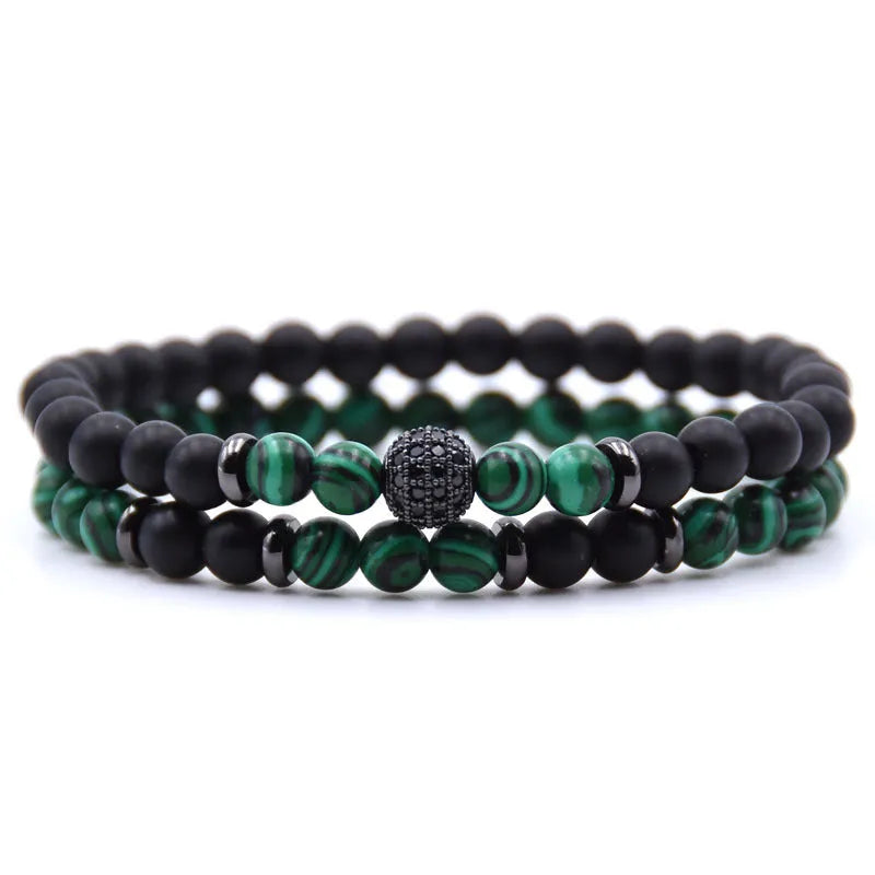 Micro-inlaid zircon 6mm natural stone beaded bracelet with elastic line, 19cm length, 24g weight