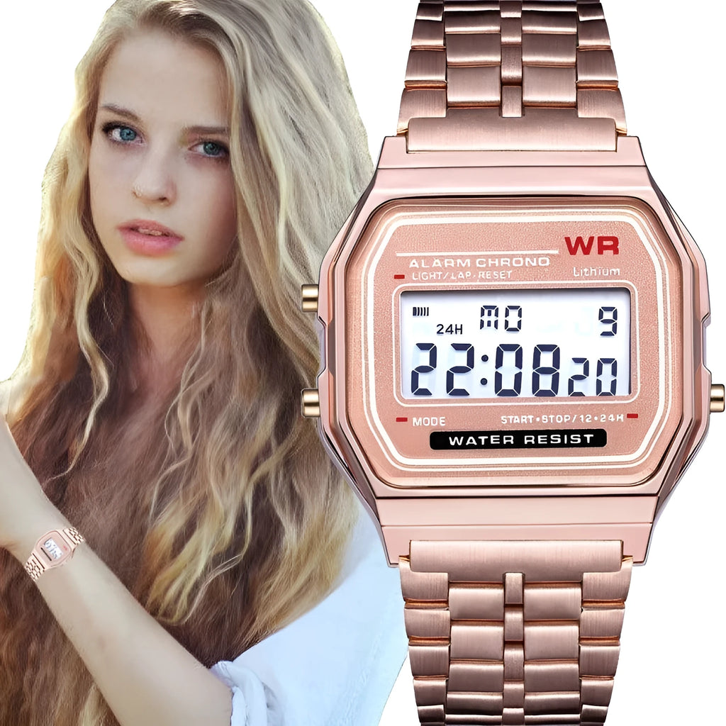 WR F91W steel band electronic watch with square dial and number display on stainless steel strap