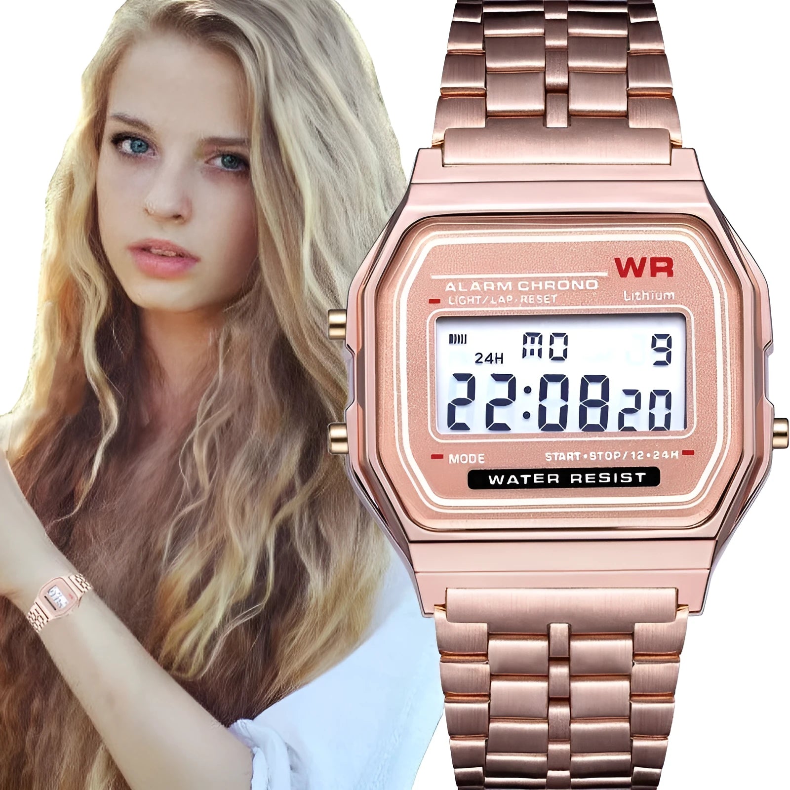 WR F91W steel band electronic watch with square dial and number display on stainless steel strap