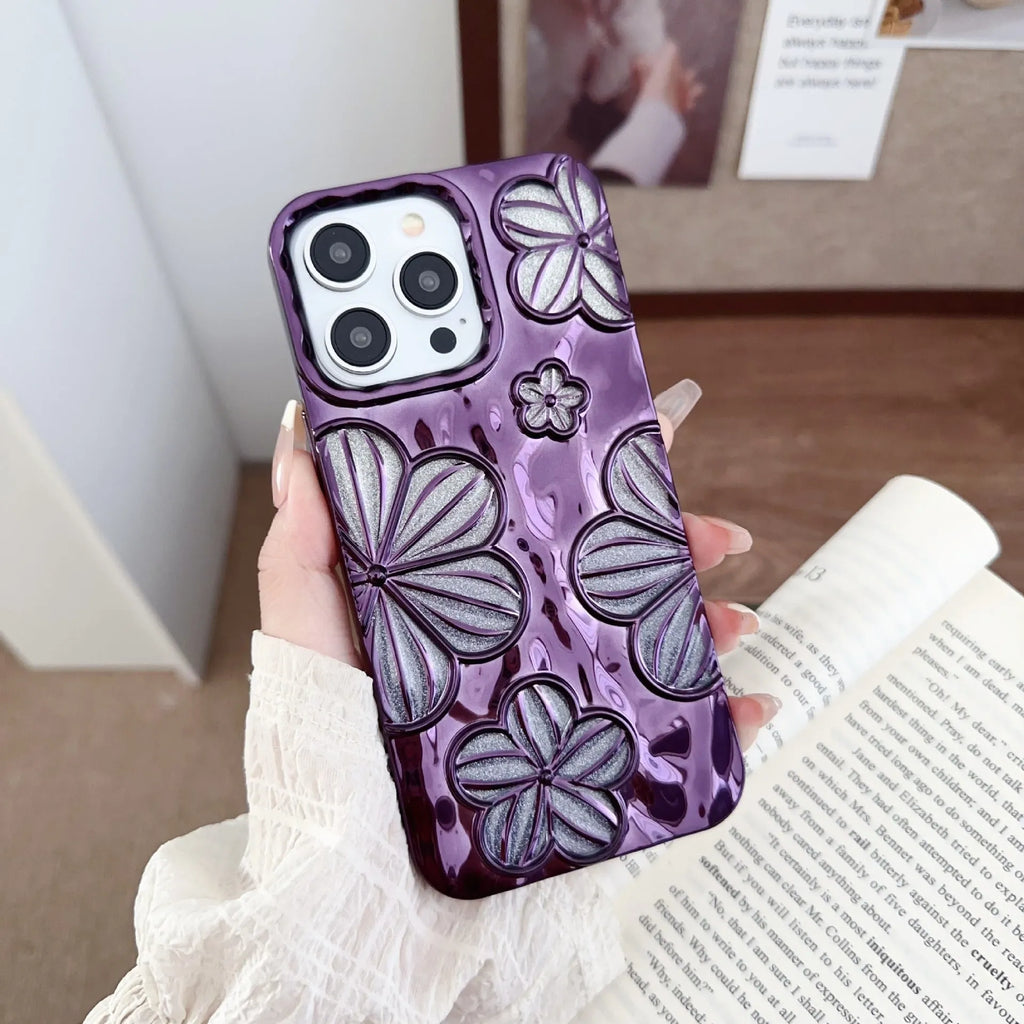 Gold electroplating pleated flower soft shell phone case for iPhone with drop protection