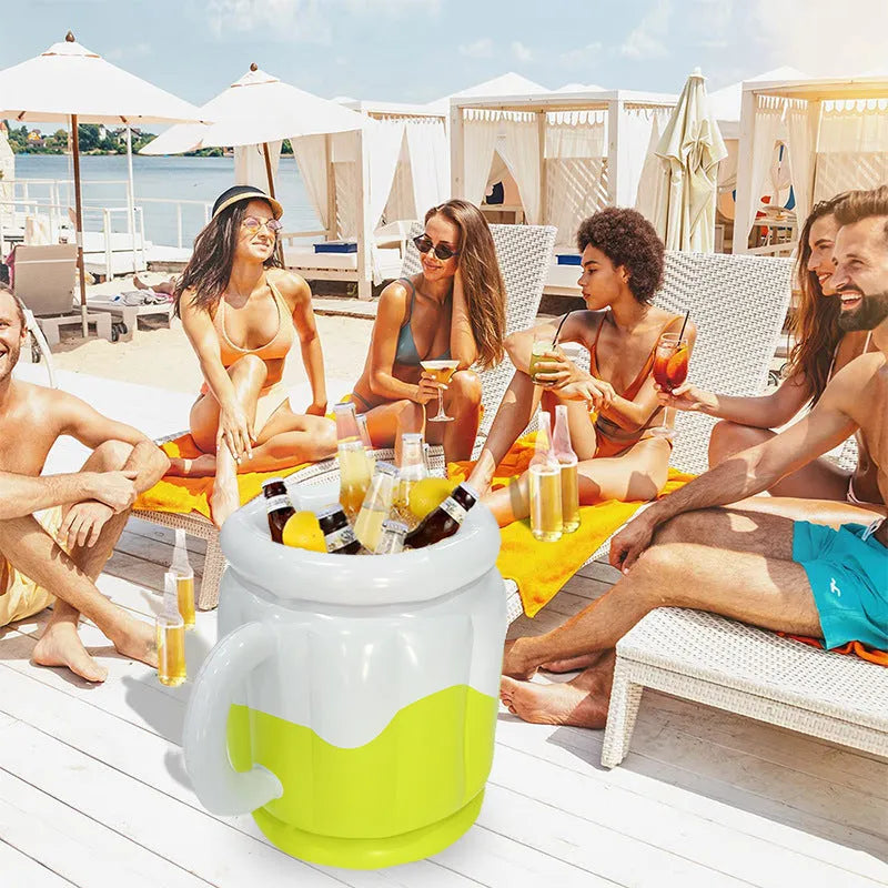 Bright yellow inflatable PVC ice bucket for beer steins and outdoor drinks