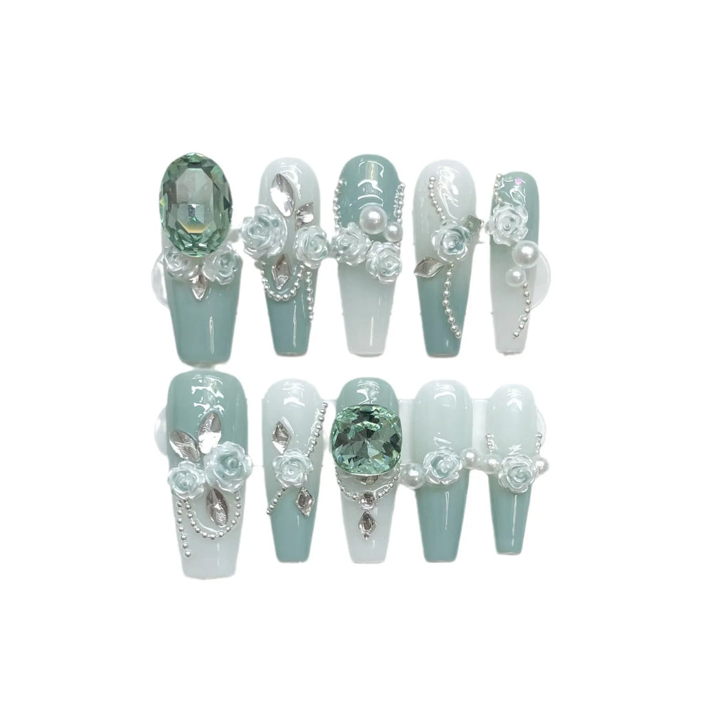 Armour green camellia gradient chain false nails with diamonds, bows and butterflies.