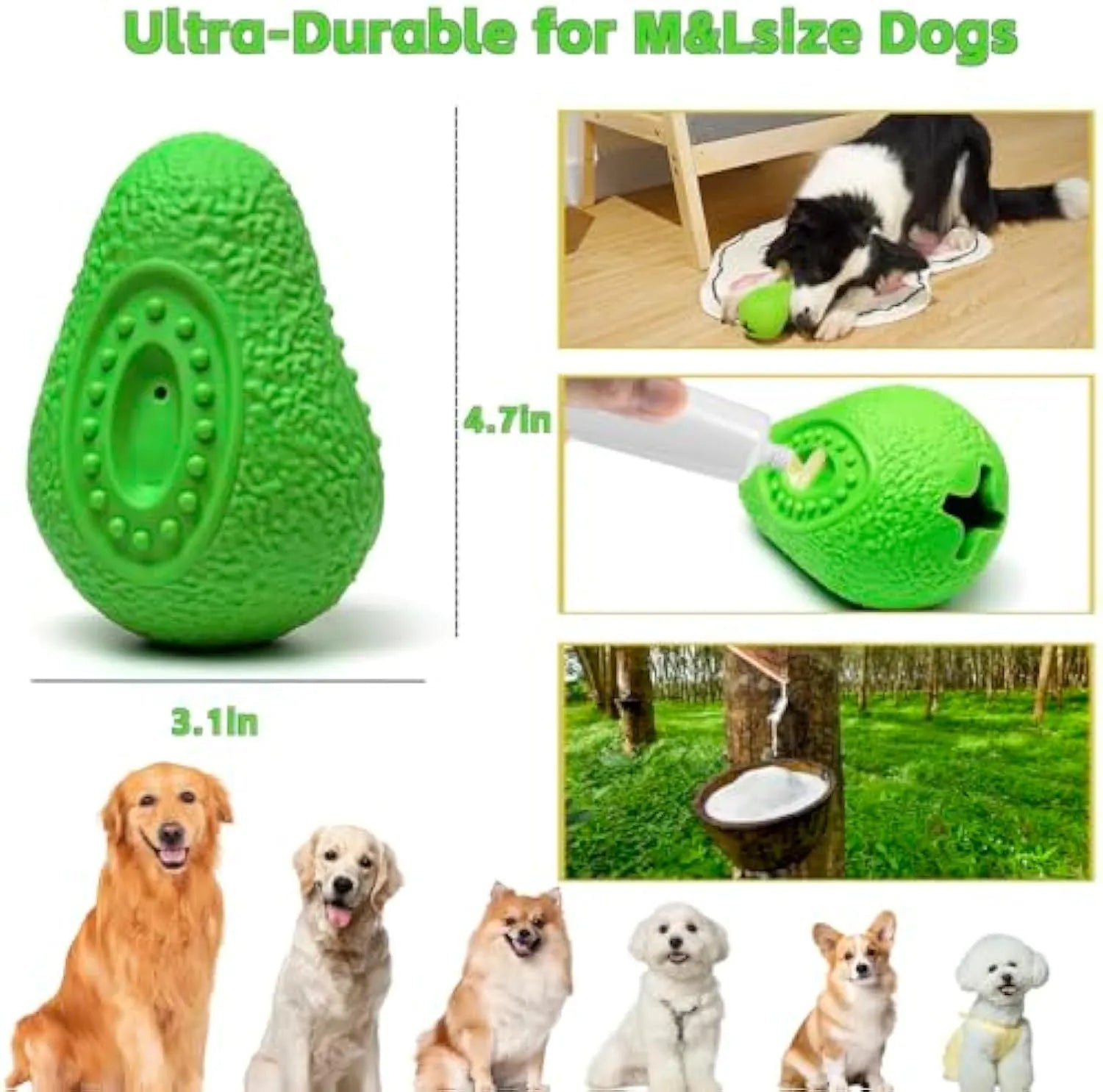 Green avocado-shaped rubber dog chew toy with textured surface for aggressive chewers