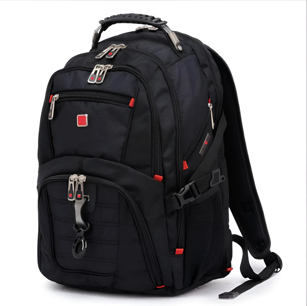 Black business computer backpack showing multiple compartments and organisational pockets for laptop carry.