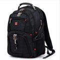 Black business computer backpack showing multiple compartments and organisational pockets for laptop carry.