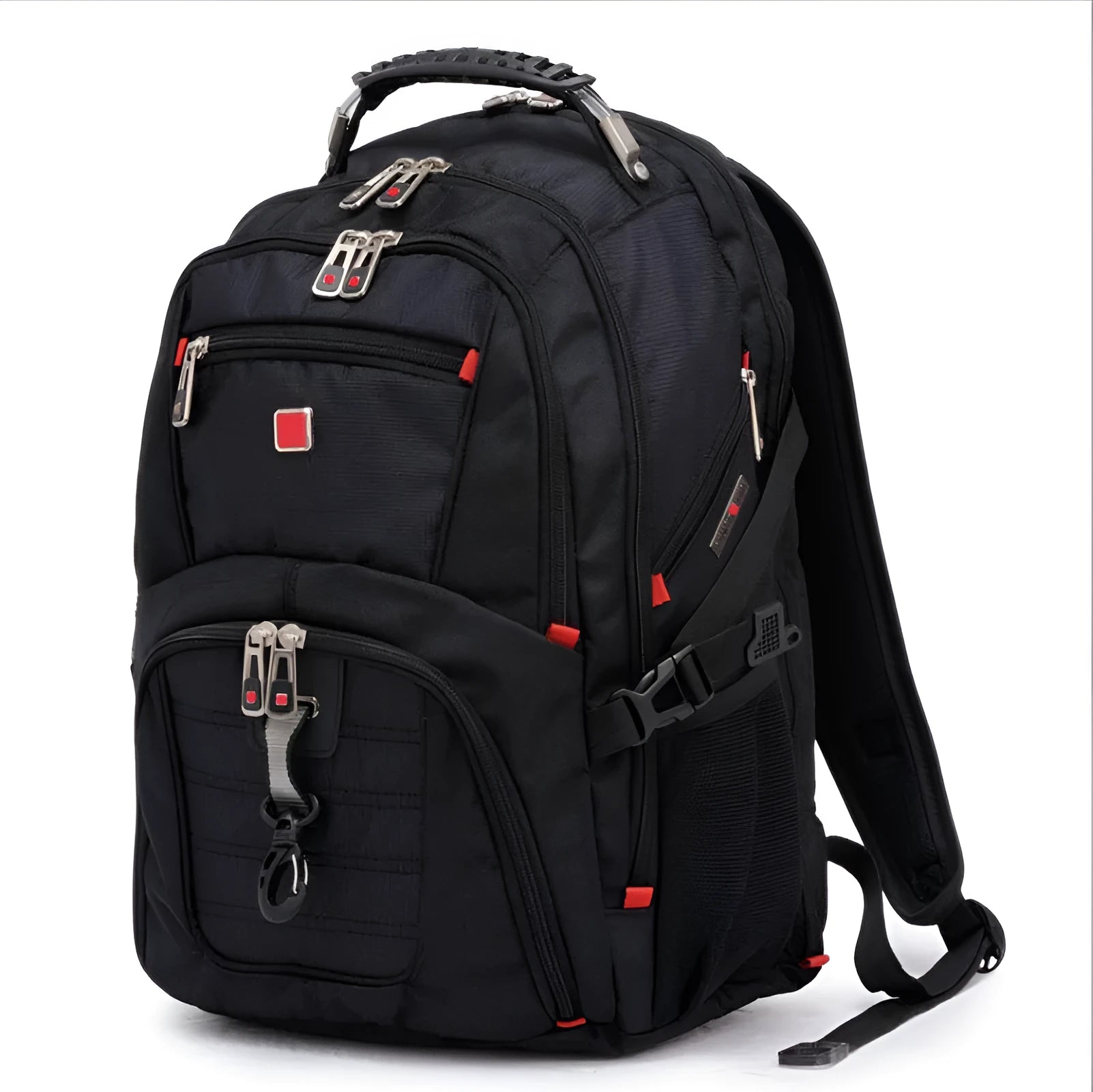 Black business computer backpack showing multiple compartments and organisational pockets for laptop carry.