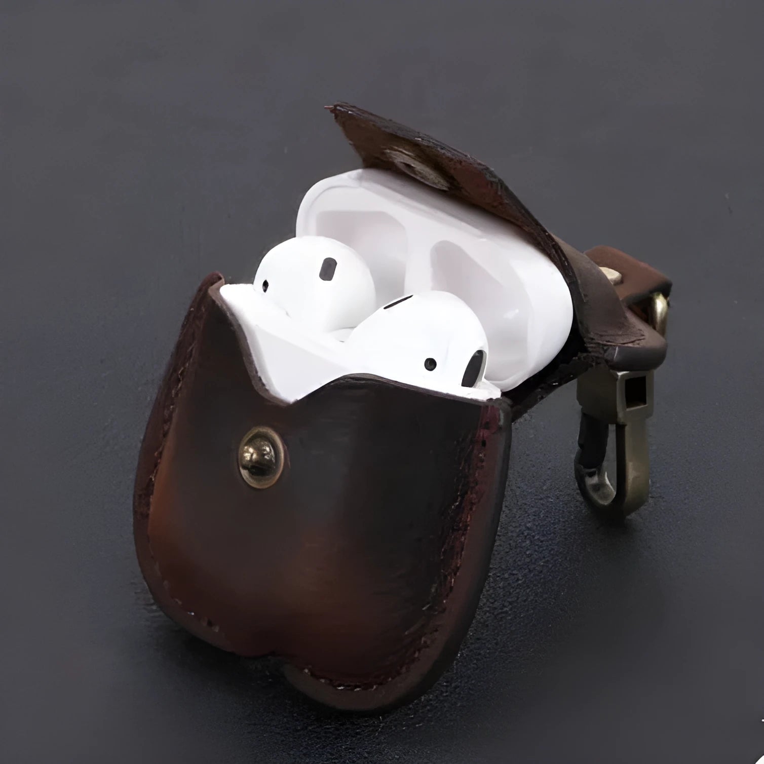 Protective leather earphone cover with buckle in dark brown for AirPods