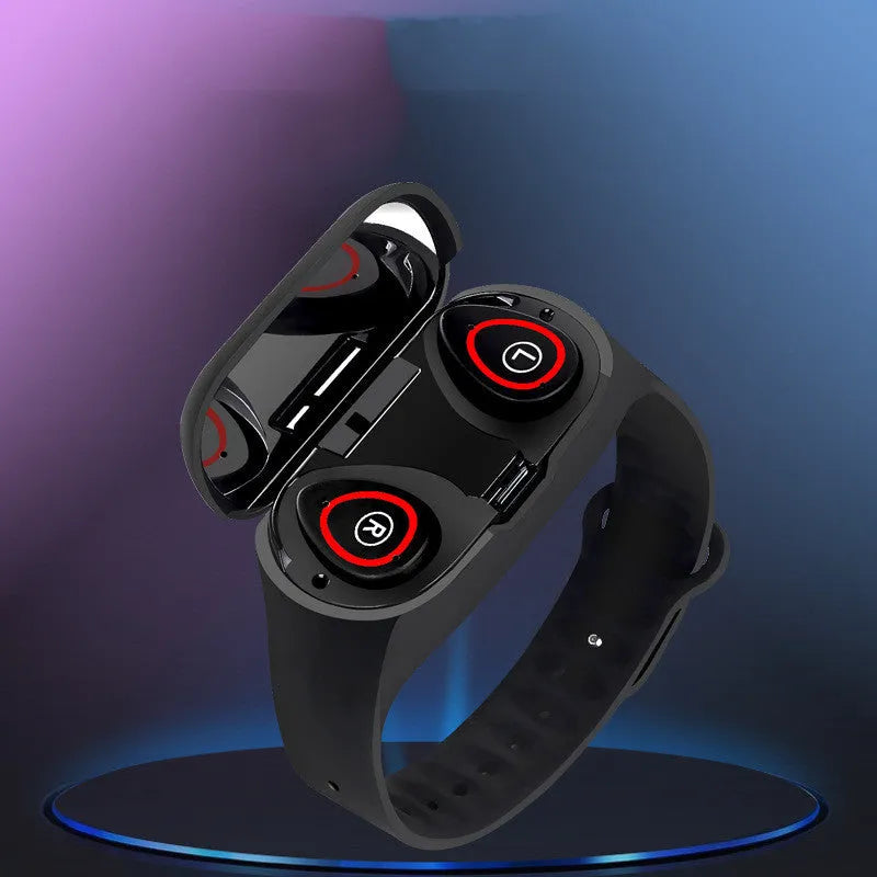 Smart bracelet earphone combo device with silicone wristband in blue, black, or red colours showing 1-inch screen