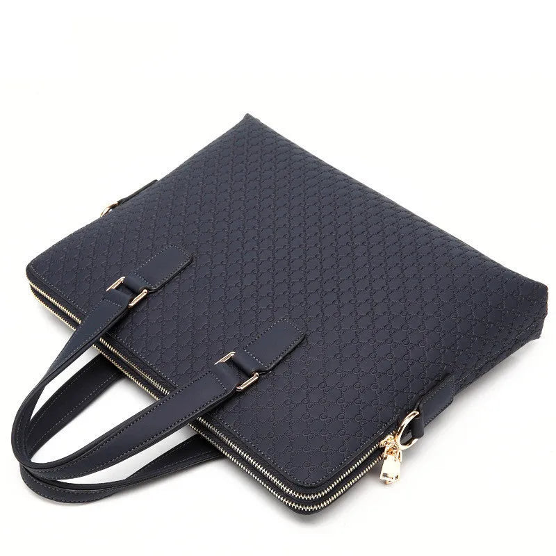 Genuine leather men's business handbag with embossed geometric pattern, 14 inch computer pocket, blue colour