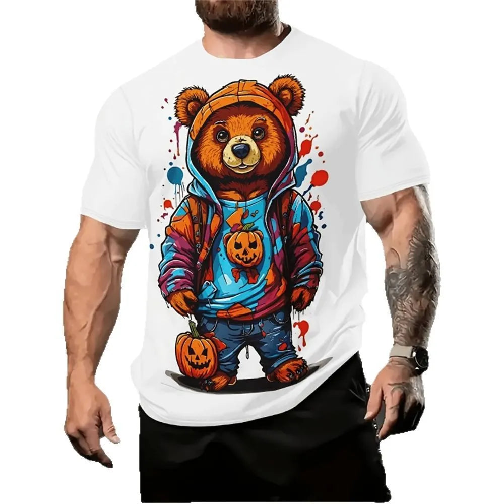 Man wearing a loose casual short sleeve shirt with a 3D cartoon pattern, made from thin milk silk fabric.