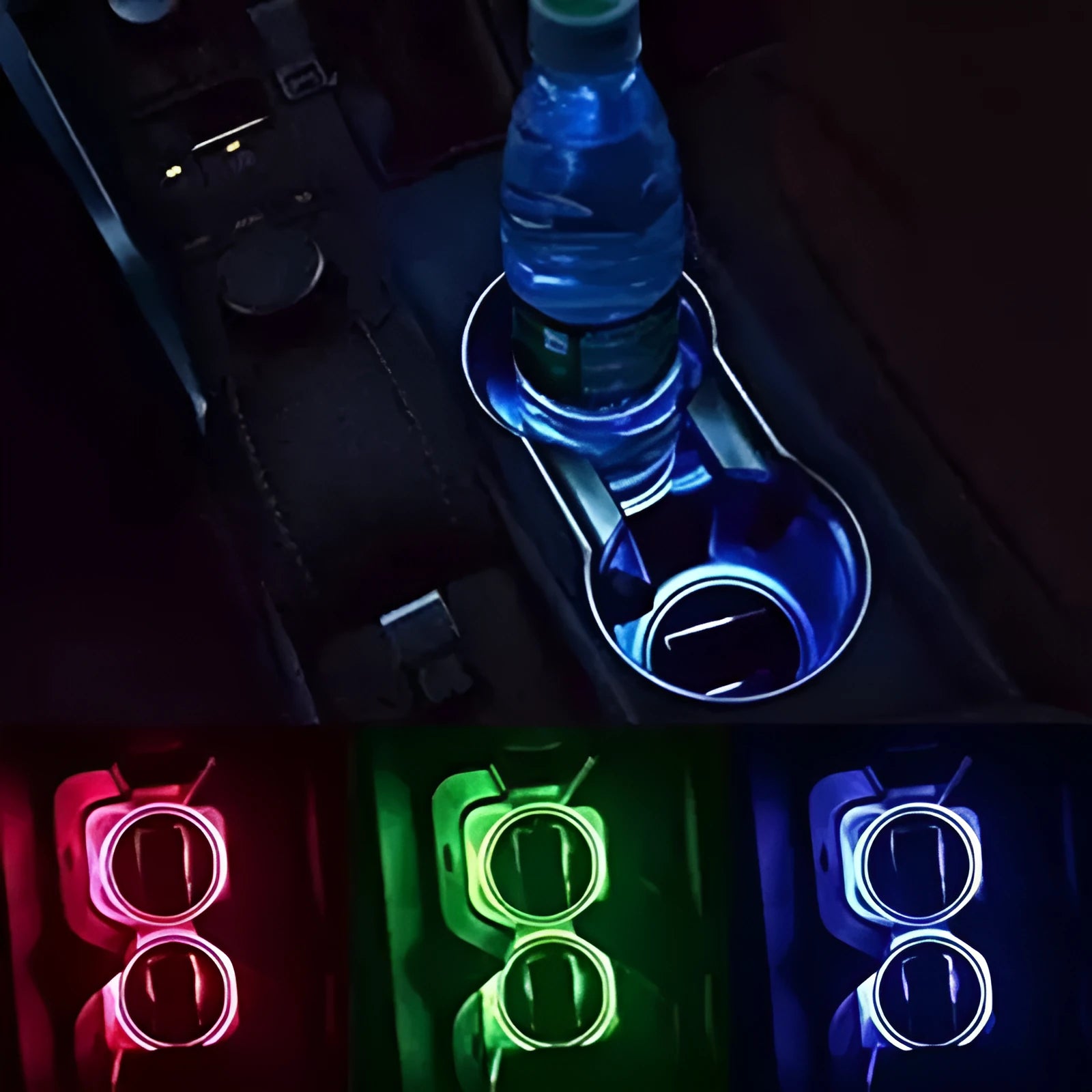 Solar-powered LED cup mat in blue, 7.2cm diameter, with solar panel on a windowsill