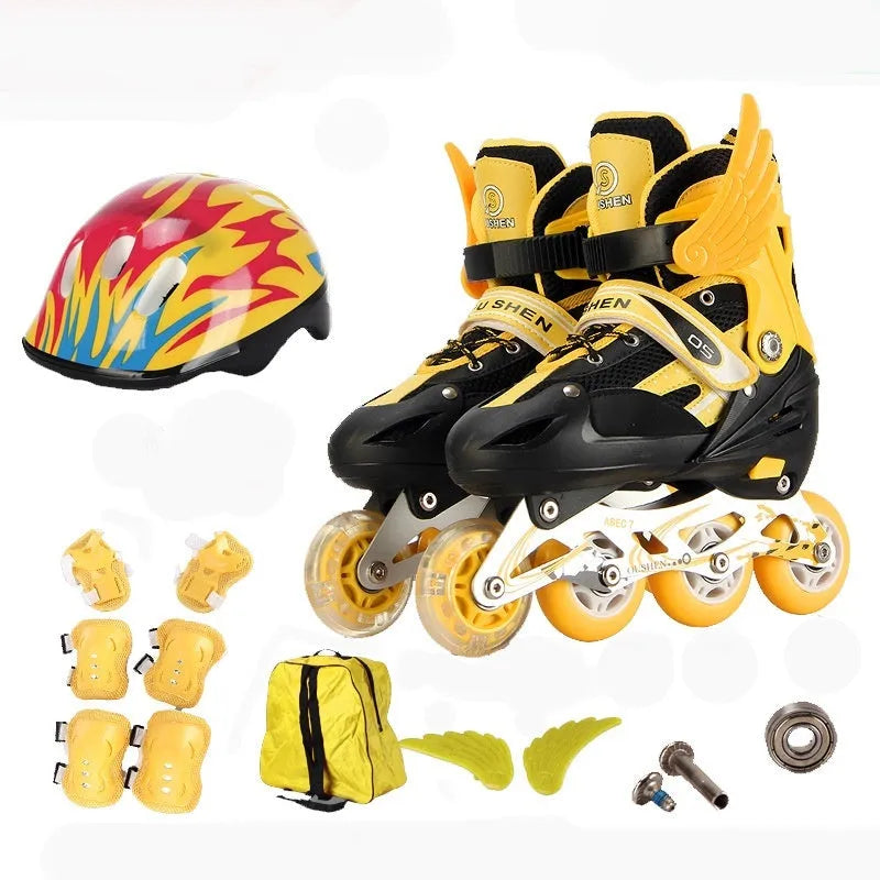 Children's adjustable roller skates with aluminium frame and PU foam wheels in various colours, shown with protective gear and backpack