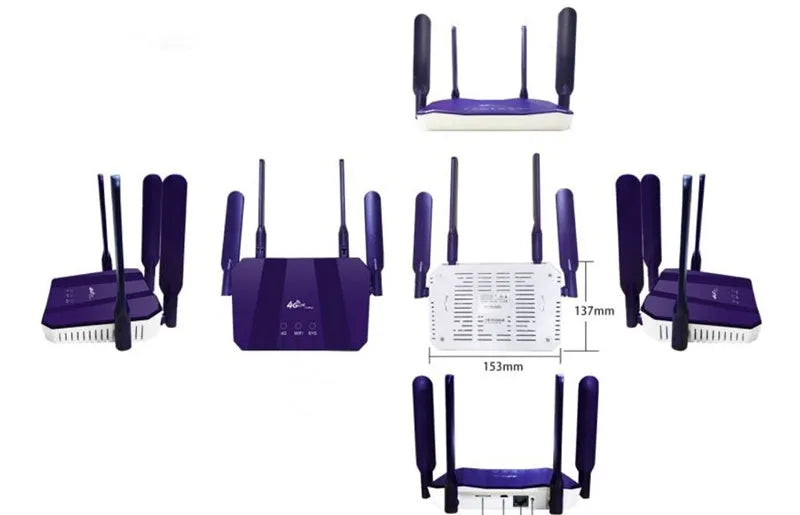 Blue 4G dual mode router with four antennas, compact rectangular design