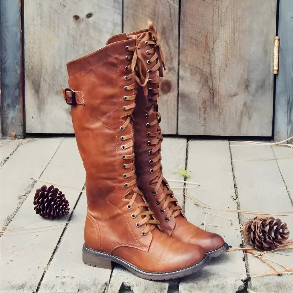 Casual solid-colour high leg boots with a chunky low heel and round toe in wine red