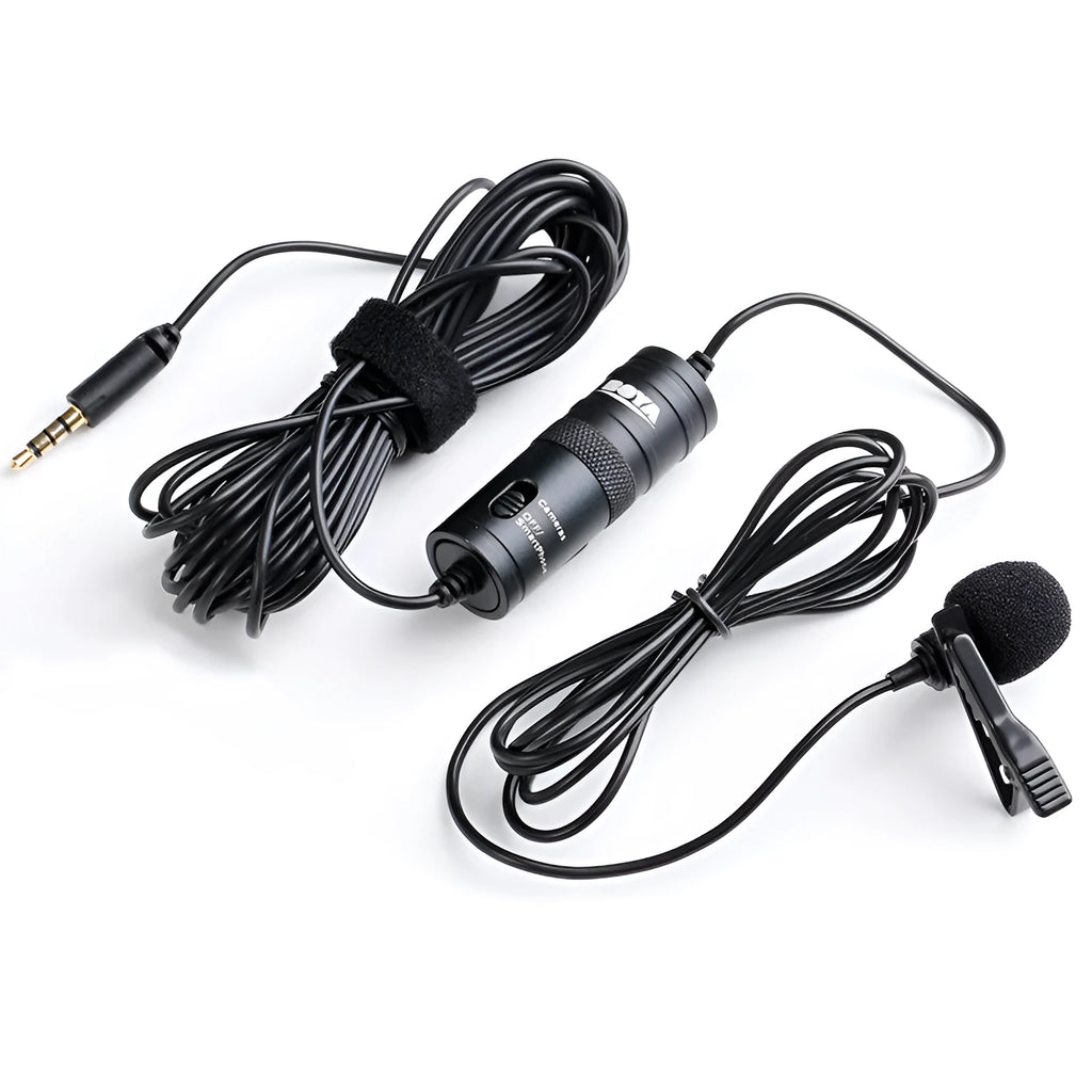 Black lavalier microphone with clip and 3.5mm plug on a white background