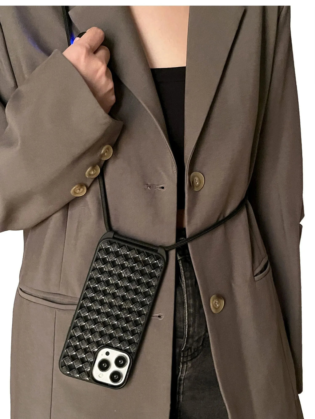 Black imitation leather woven pattern cross-body lanyard phone case for iPhone 14 13 12 series