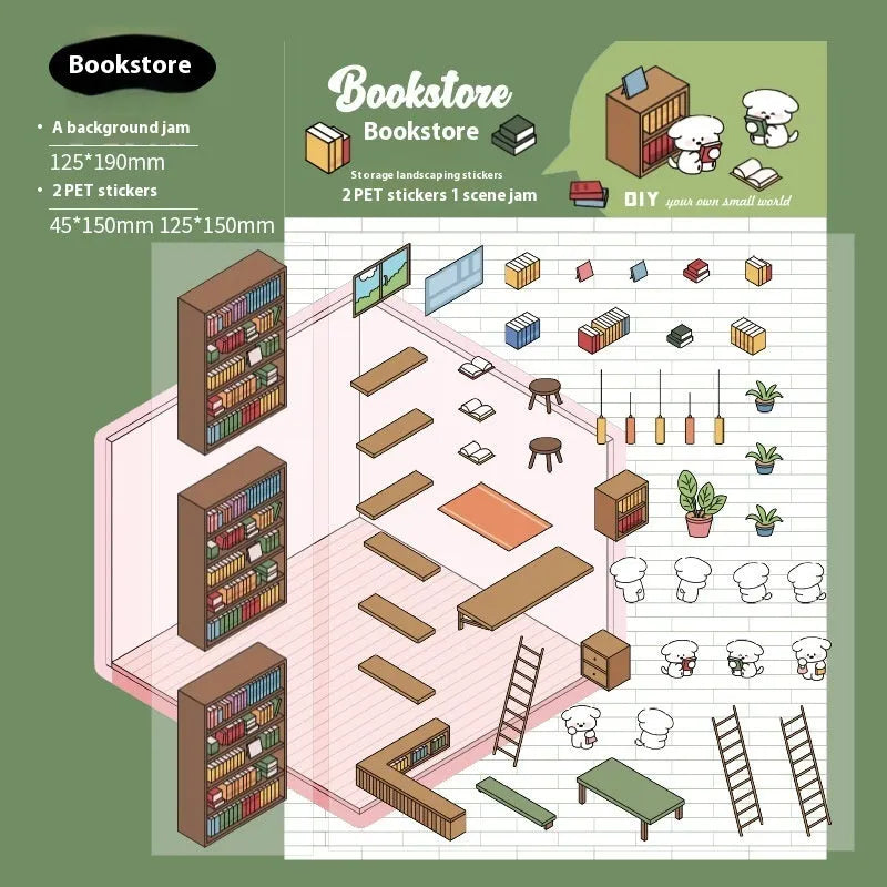Capabala cut-free cartoon PET decorative sticker sheet in eight colour themes on a 190x125mm sheet.