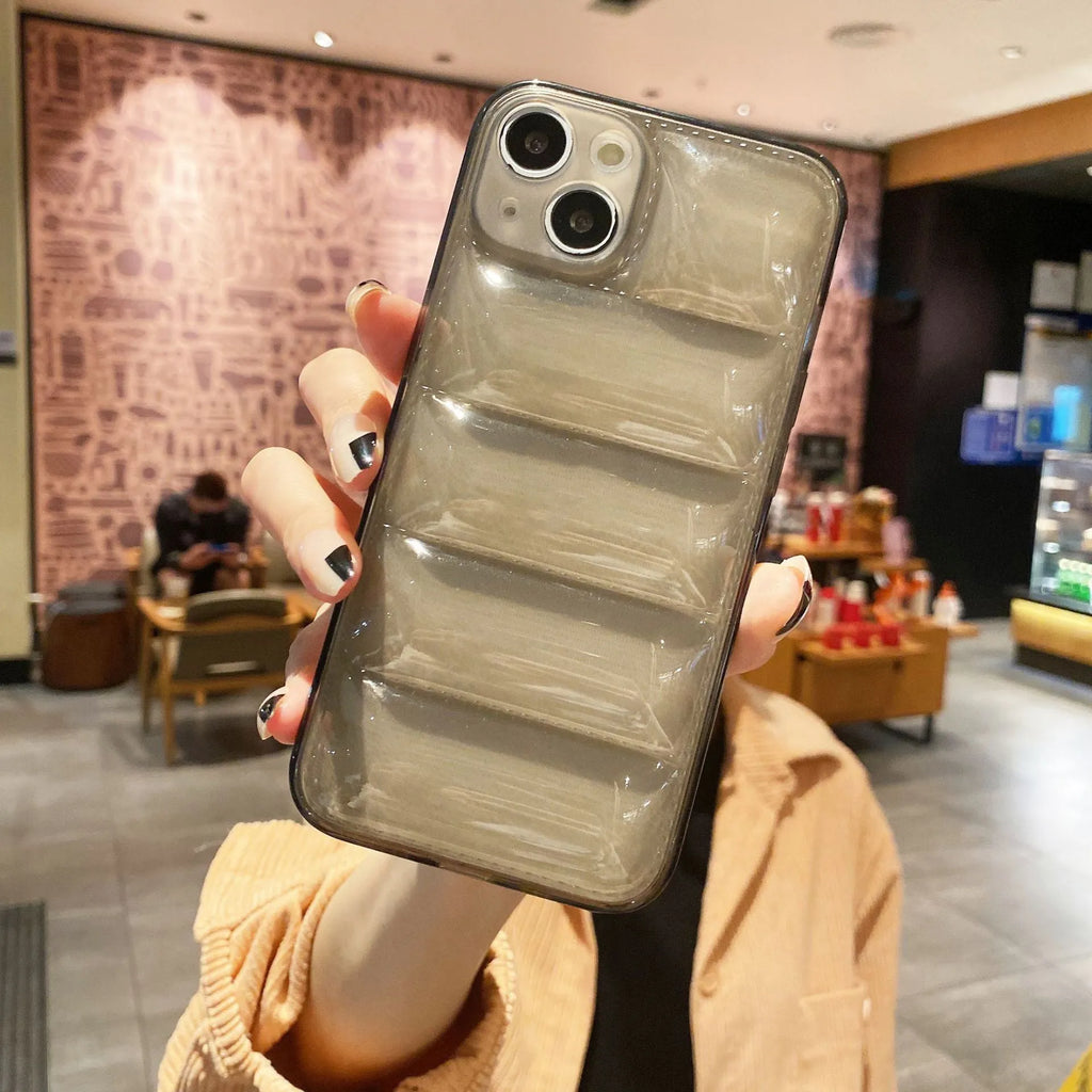 Transparent black TPU phone case with air cushion edges and down jacket pattern for iPhone 15 Pro Max