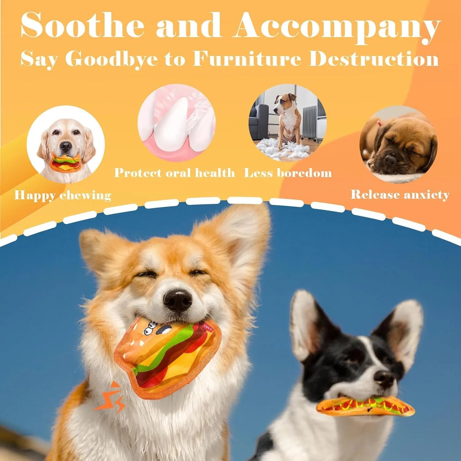 Colourful hamburger-shaped dog chew toy with crinkle and squeak features for interactive play.