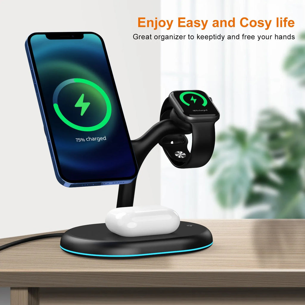Black three-in-one magnetic wireless charger with ABS case on desktop