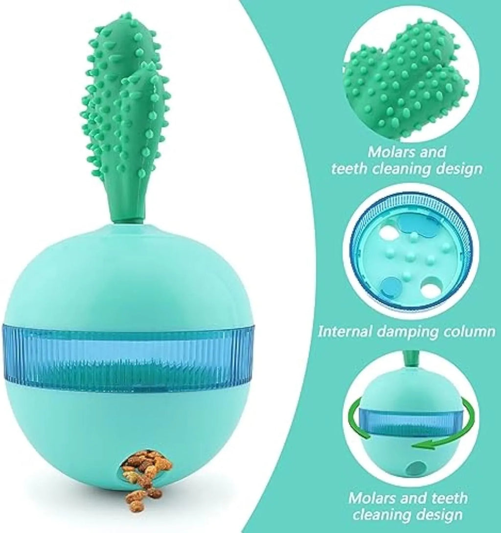 Blue or green rubber dog treat dispenser tumbler ball toy for medium large dogs